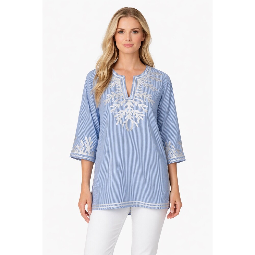 Gretchen Scott Reef Tunic Top Blue White Cotton Top 3/4 Sleeve Small